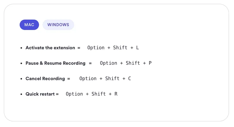 keyboard shortcuts for Loom video