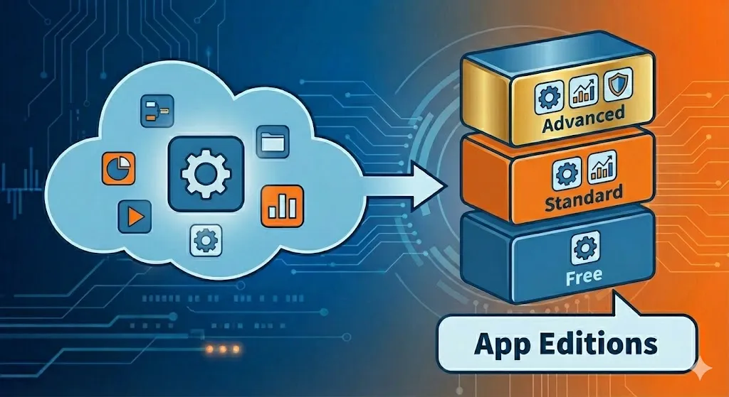 App Editions overview showing Free, Standard, and Advanced tiers stacked as layers