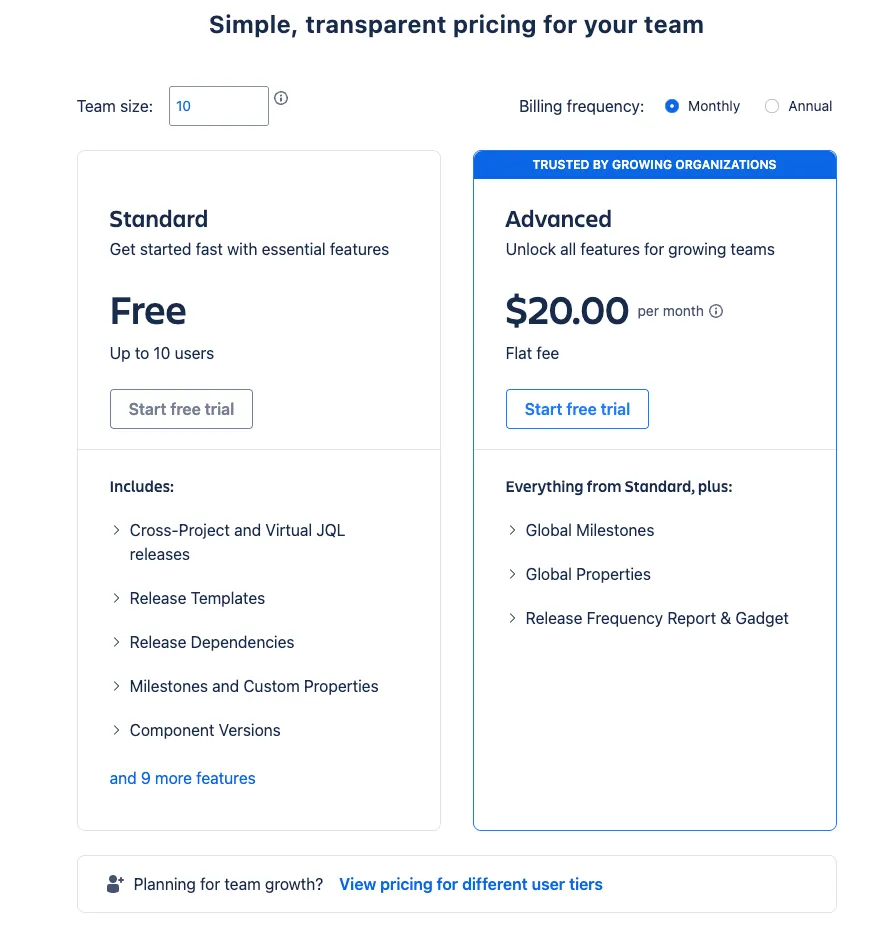 Release Management for Jira pricing table showing Standard (free up to 10 users) and Advanced ($20/month flat fee) editions