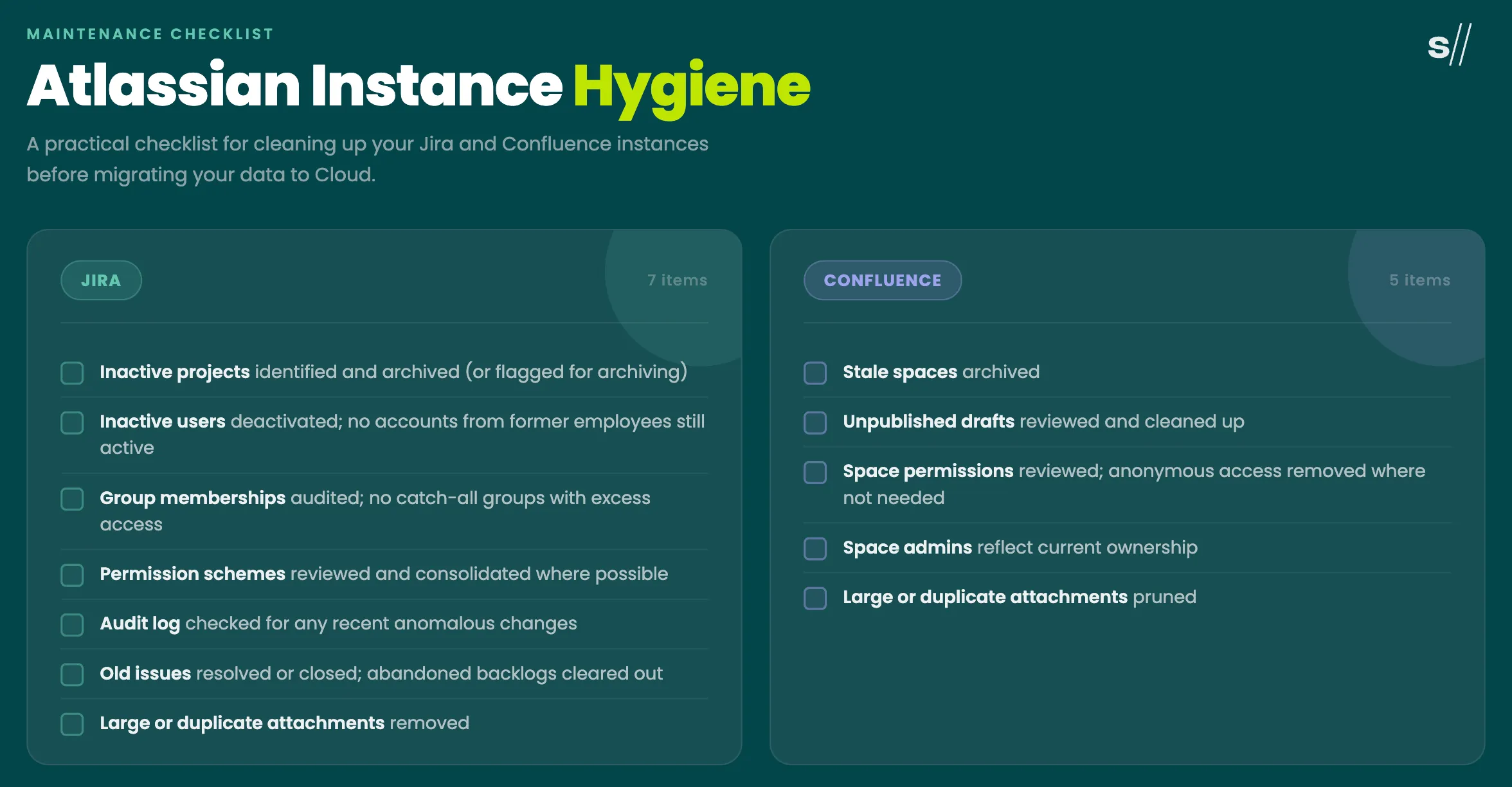 Atlassian instance hygiene checklist: a practical guide for cleaning up Jira and Confluence before migrating to cloud
