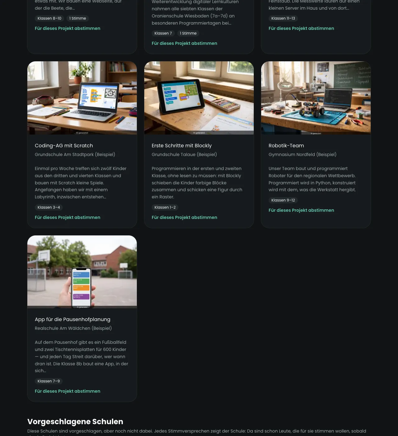 The public schools overview on community.programmieren.de, showing project cards in a three-column grid