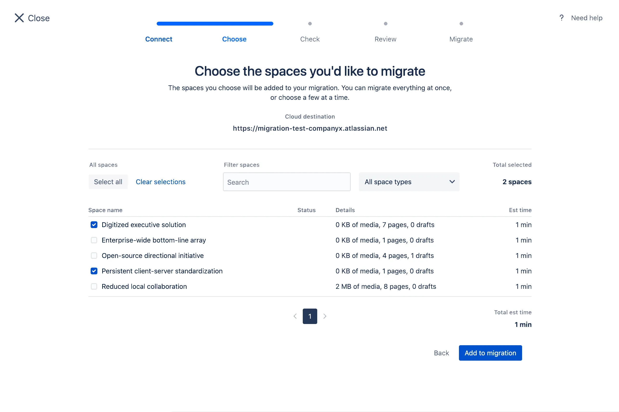 The Confluence Cloud Migration Assistant space selection screen, showing spaces available to migrate to a cloud destination
