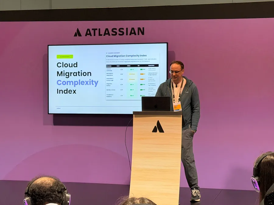 A Seibert speaker presenting the Cloud Migration Complexity Index on the Atlassian stage