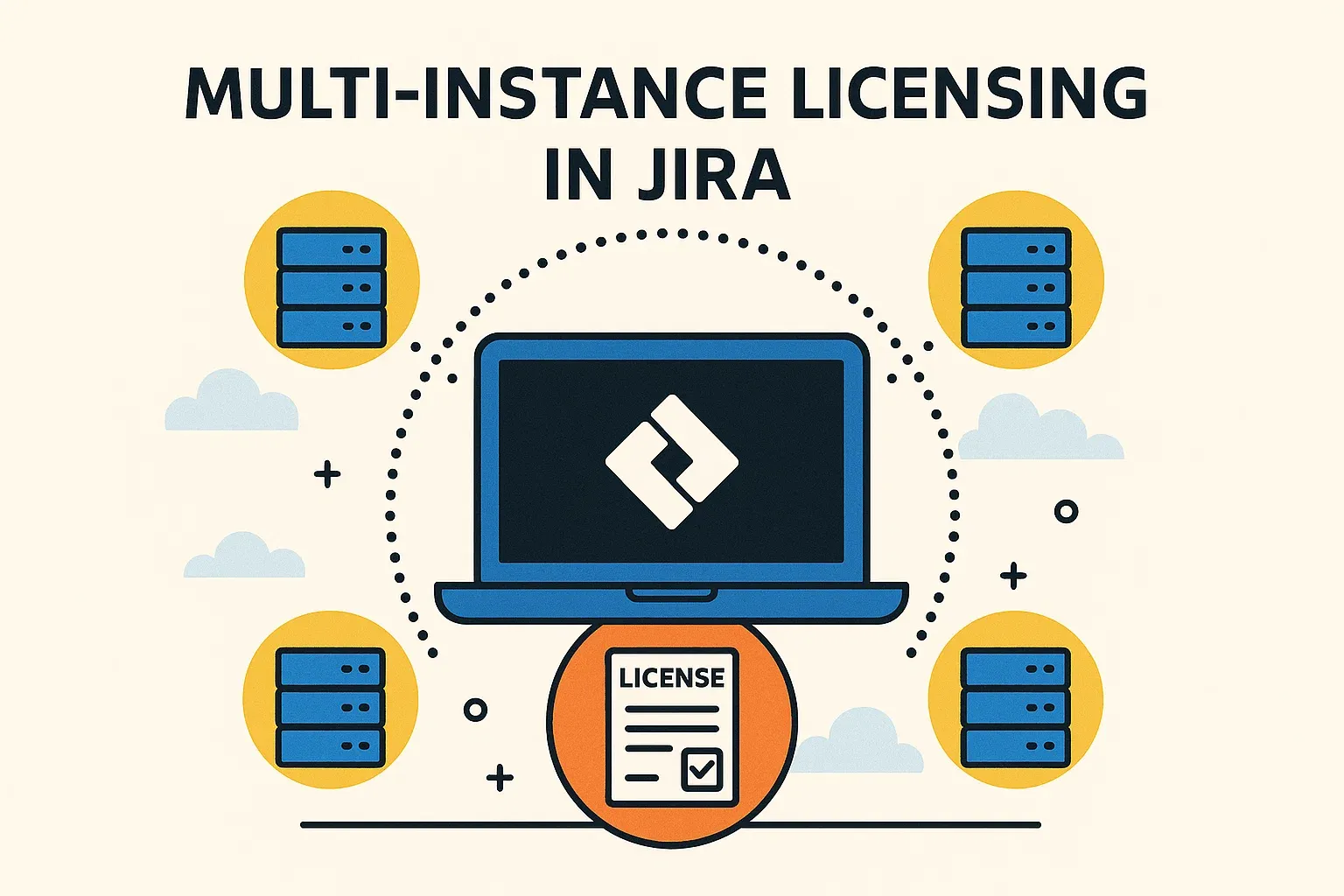 Illustration of Multi-Instance Licensing in Jira, showing a laptop connected to multiple server instances under one license
