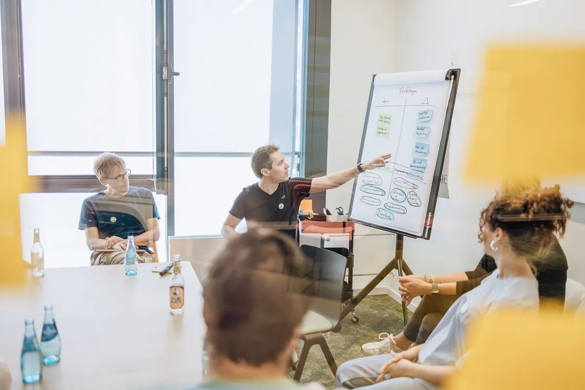 A group of people in a meeting room, with one person pointing at a flipchart displaying various notes and diagrams. The room has a large window and a table with bottles of water.