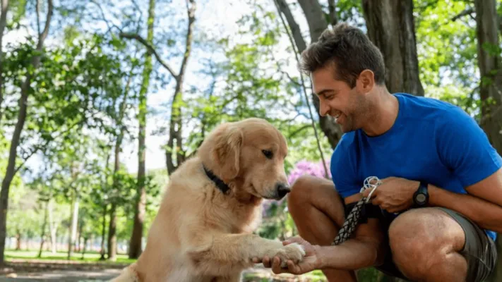 A man and a dog outside on a walking path