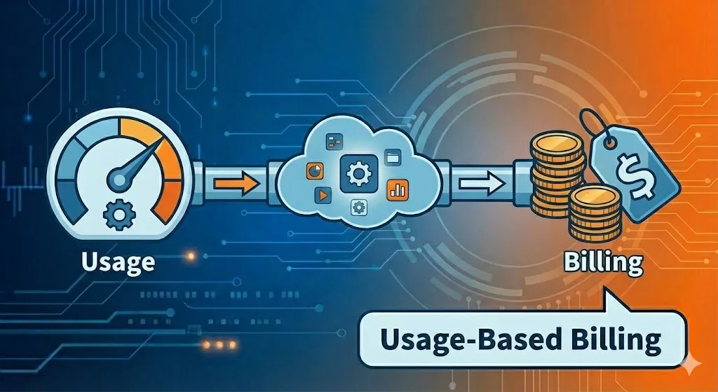 Illustration of usage-based billing showing a flow from usage metrics to a billing outcome